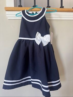 Bonnie Jean Navy Dress with White Trim & Bow